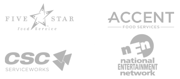 client logos - Five Star Food Service, Accent Food Services, CSC Serviceworks, National Entertainment Network