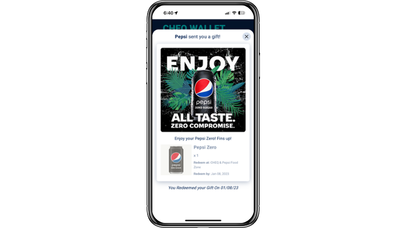 A mobile phone with a message receiving a free promotion from Pepsi.